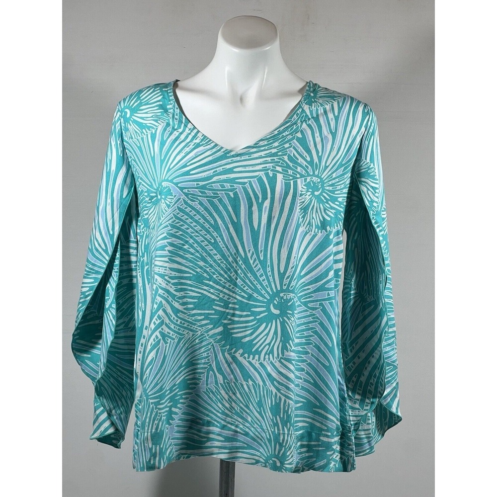 La Mer Lux Blouse Women Medium Green White V Neck Flutter Sleeve Preowned